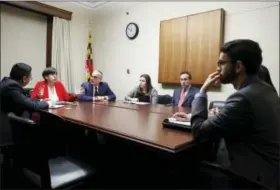  ?? JACQUELINE LARMA — THE ASSOCIATED PRESS ?? On Feb. 1, from left, Eftakhar Alam, with the Washington Islamic Society of North America; Rabbi Julie Schonfeld; Eli Epstein; Belle Yoeli and Ken Bandler, with the American Jewish Committee, meet with staff members from the office of Rep. Adriano...