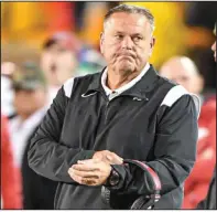  ?? (NWA Democrat-Gazette/Hank Layton) ?? Arkansas Coach Sam Pittman reacts during the fourth quarter of the Razorbacks’ 29-27 loss to Missouri on Friday at Faurot Field in Columbia, Mo. Arkansas, which lost its fourth game by three or fewer points to close out a 6-6 regular season, awaits to hear its bowl game assignment.