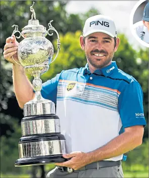  ??  ?? Defending champion Louis Oosthuizen will hope to lift the South African Open trophy again today. England’s Marcus Armitage (inset) is his nearest challenger