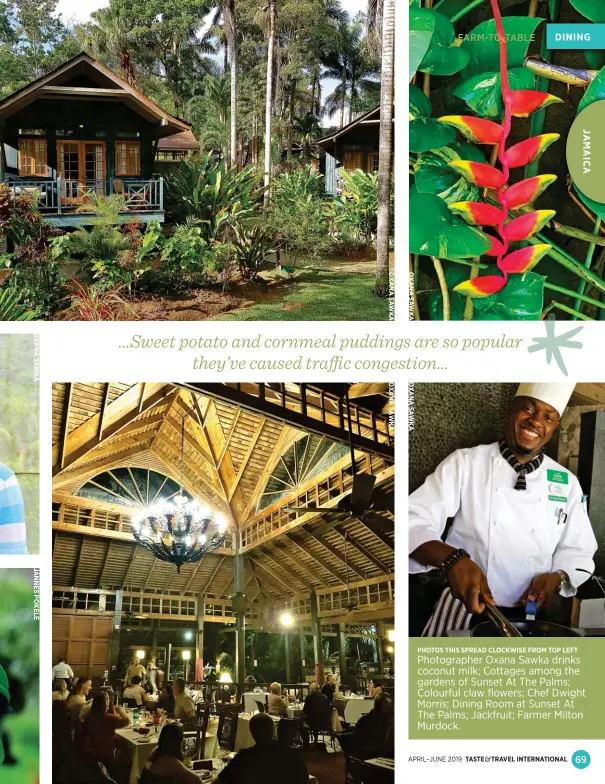  ?? PHOTOS THIS SPREAD CLOCKWISE FROM TOP LEFT Photograph­er Oxana Sawka drinks coconut milk; Cottages among the gardens of Sunset At The Palms; Colourful claw flowers; Chef Dwight Morris; Dining Room at Sunset At The Palms; Jackfruit; Farmer Milton
Murdock. ??