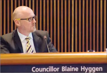  ?? Herald photo by Greg Bobinec ?? Lethbridge City Council member Blaine Hyggen, at council meeting Monday, says he wants to end the clean needle exchange program following the increase of incidents involving needle debris around the city.