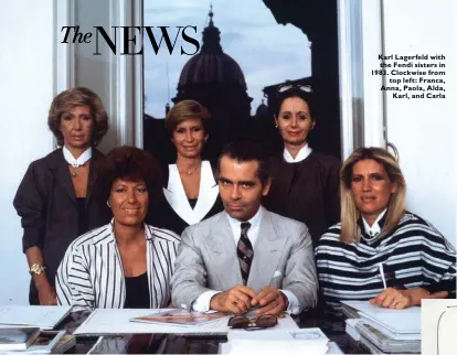  ??  ?? Karl Lagerfeld with the Fendi sisters in 1983. Clockwise from
top left: Franca, Anna, Paola, Alda,
Karl, and Carla