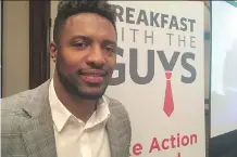  ??  ?? CFL player Keon Raymond spoke about his experience growing up in a violent household at the 12th annual Breakfast with the Guys event in Edmonton on Wednesday.