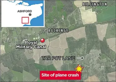  ?? ?? Dr Christophe­r Woollard crashed the plane in a field between Ruckinge and Bilsington; Colin Bodie spotted the wreckage off Tar Pot Lane