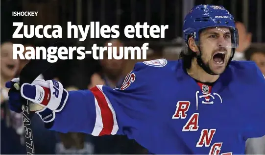  ?? FOTO: ADAM HUNGER, REUTERS, NTB SCANPIX ?? Mats Zuccarello scoret to mål da New York Rangers tok seg videre i sluttspill­et i NHL natt til i går.