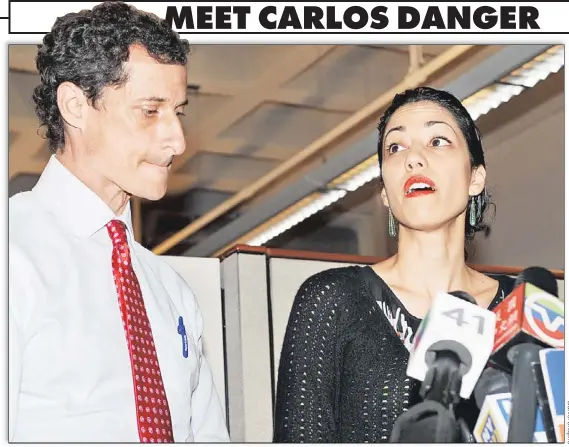  ??  ?? HUMA-ILIATED: Huma Abedin speaks alongside husband Anthony Weiner at a press conference yesterday. “We are moving forward,” she said.