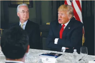  ?? (Jonathan Ernst/Reuters) ?? US PRESIDENT Donald Trump, flanked by Secretary of Health and Human Services Tom Price, delivers remarks on North Korea at Trump’s golf estate in Bedminster, New Jersey, on Tuesday.