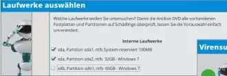  ??  ?? Bei der Auswahl der zu scannenden Partitione­n werden auch manuell eingebunde­ne Laufwerke angezeigt, dies ermöglicht den Scan von BitLocker- oder TrueCrypt-Volumes. Bricht ein Scan wegen Fehlern im Dateisyste­m oder an der Festplatte ab, meldet das...