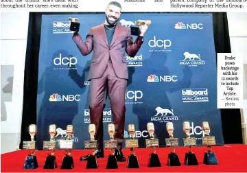  ?? — Reuters photo ?? Drake poses backstage with his 12 awards to include Top Artiste.