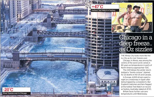  ??  ?? -20˚C River freezes over in Chicago Hottest Test Match in Sydney