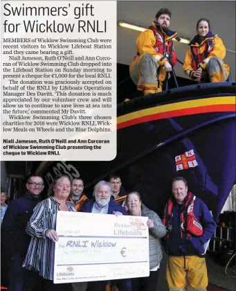  ??  ?? Niall Jameson, Ruth O’Neill and Ann Corcoran of Wicklow Swimming Club presenting the cheque to Wicklow RNLI.