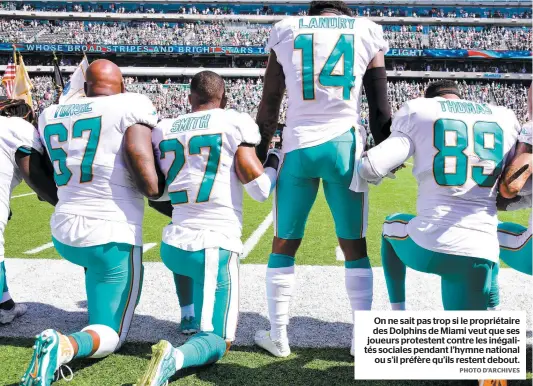  ?? PHOTO D’ARCHIVES ?? On ne sait pas trop si le propriétai­re des Dolphins de Miami veut que ses joueurs protestent contre les inégalités sociales pendant l’hymne national ou s’il préfère qu’ils restent debout.