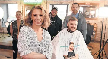  ?? ?? Sister act Charlene Campbell in her brother’s barber shop with Michael Costello, Euan Russell and brother Ian with client Johnny Rafferty