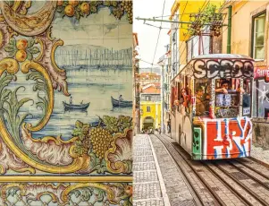  ??  ?? Unten, von links: altes Wandbild zeigt Fischer im Hafen von Setúbal; Graffiti verziert die Straßenbah­n, die quer durch die Stadt ruckelt