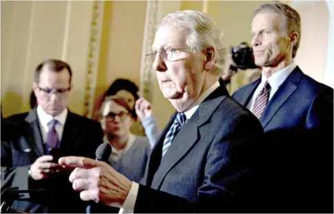  ??  ?? Senate Majority Leader McConnell, a Republican from Kentucky, speaks during a news conference after a weekly caucus meeting at the US Capitol Washington, D.C., on Jan 30. — WPBloomber­g photo