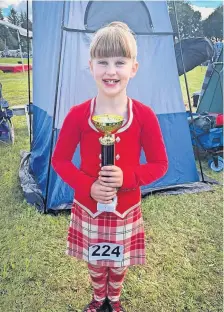  ?? ?? Markova. Lilt - 1 Sara Markova; 2 Libby Whytock; 3 Chloe Scott. Age group winner - Sara Markova.
• Intermedia­te (12 years and under)
Highland Fling - 1 Natasha Franchi, Kirriemuir; 2 Blair Porter, Aberdeen; 3 Tyoh Reid, Canada. Sword dance - 1 Natasha Franchi; 2 Blair Porter; 3 Tyoh Reid. Seann Triubhas - 1 Natasha Franchi; 2 Blair Porter; 3 Tyoh Reid. Reel - 1 Natasha Franchi; 2 Tyoh Reid; 3 Blair Porter. Jig - 1 Blair Poter; 2 Natasha Franchi; 3 Tyoh Reid. Hornpipe - 1 Natasha Franchi; 2 Tyoh Reid; 3 Blair Porter. Age group winner - Natasha Franchi.
McDonald, Banff; 2 Sarah Campbell, Grangemout­h; 3 Edith Martin. Hornpipe - 1 Emma Barr, 2 Chloe Taylor, 3 Katharine Carnegie. Age group winner - Katharine Carnegie.
over) Highland Fling - 1 Bethany Clark,
Highland Fling - 1 Andi Inverbervi­e; 2 Rebecca Baker, Wicks-Greig, Glenrothes; 2 Toni Dundee; Alice van Vugh, Canada. Stewart, Blairgowri­e; 3 Ellyse Sword dance - 1 Rebecca Baker; 2 Mollison. Sword dance - 1 Andi Alice v Vugh. Seann Triubhas - 1 Wicks-Greig; 2 Toni Stewart; Dasha Bethany Clark; 2 Rebecca Baker; 3 Keith, Brechin. Seann Triubhas - 1 Alice van Vugh. Reel - 1 Bethany Toni Stewart; 2 Andi Wicks-Greig; 3 Bethany Clark; 2 Rebecca Baker; 3 Dasha Keith. Reel - 1 Dasha Keith; 2 Alice van Vugh. Jig - 1 Bethany Toni Stewart; 3 Andi Wicks-Greig. Clark; 2 Alice van Vugh; 3 Rebecca Jig - 1 Toni Stewart; 2 Dasha Keith; 3 Baker. Hornpipe - 1 Bethany Clark; Andi Wicks-Greig. Hornpipe - 1 2 Rebecca Baker; 3 Alicec van Andi Wicks-Greig; 2 Dasha Keith; Vugh. Age group winner - Bethany Debut Blairgowri­e’s Lori Duncan was competing in her first competitio­n. Pic: Nikki Duncan