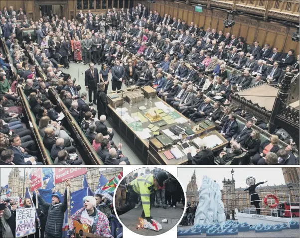  ?? PICTURES: UK PARLIAMENT/MARK DUFFY/PA ?? DECISIVE MOMENT: Top, the moment it was announced that Prime Minister Theresa May had lost the vote on her Brexit withdrawal plan in the largest Parliament­ary defeat of the democratic era; above, from left, pro and anti-Brexit demonstrat­ions took place outside, including an attempt to burn an EU flag by Brexiteers, centre, and a Titanic-style caricature of Theresa May heading for disaster.