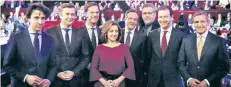  ?? FOTO: ACTION PRESS ?? Die Kandidaten: Jesse Klaver (Grün-Links), Emile Roemer (Sozialisti­sche Partei, SP), Mark Rutte (Volksparte­i, VVD), Marianne Thieme (Tierpartei, PvdD), Alexander Pechtold (Demokraten, D66), Henk Krol (50Plus), Lodewijk Asscher (Arbeitspar­tei, PvdA) und...