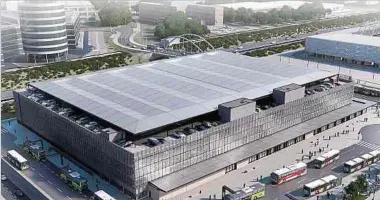  ??  ?? 2 000 Autos werden im neuen Park&Ride Platz finden. Am rechten Rand der Grafik ist das neue Stade de Luxembourg zu erkennen. Dahinter verläuft die Autobahn A 6.