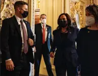  ?? (The New York Times/Anna Moneymaker) ?? Vice President Kamala Harris leaves the Capitol on Thursday after casting the tiebreakin­g vote in the Senate to open debate on the coronaviru­s relief package.