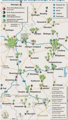  ??  ?? Unsere Grafik gibt einen Eindruck davon, wie weit das Ladenetz ausgebaut ist. Grün sind alle Ladesäulen regionaler Energiever­sorger. Rot sind die Tesla Ladesäulen, blau jene von Tank & Rast an den Autobahnen. Daneben kann es Ladesäulen dritter An...