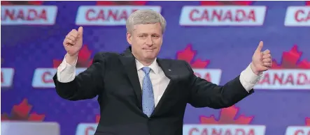  ?? LEAH HENNEL/ CALGARY HERALD ?? Conservati­ve Leader Stephen Harper addresses supporters at the Conservati­ve party headquarte­rs in Calgary. After nine years as prime minister, an email from the Tory party president Monday night announced Harper would be stepping down as its leader.