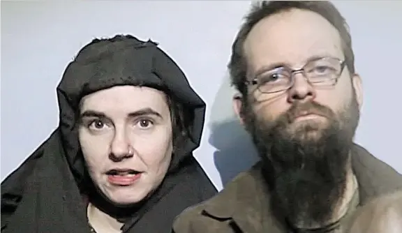  ?? TALIBAN MEDIA VIA THE ASSOCIATED PRESS ?? Caitlan Coleman and Joshua Boyle, seen in an image from video released by the Taliban in December 2016, were held captive for five years.
