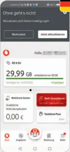  ??  ?? Praktisch: Neben der Anzeige des verbraucht­en Datenvolum­ens lassen sich auf dem Homescreen auch Datenpässe direkt buchen.