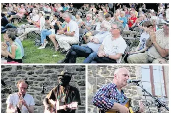  ??  ?? Un public de tous âges, enchanté et tout ouï ! 2) Deux musiciens virtuoses : Frédéric Schmidely à la clarinette et So Kalmery à la guitare sèche. 3) Leader du ’Erwann Volant Quartet’ breton, le chanteur guitariste a dialogué avec la foule.