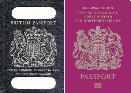  ??  ?? > An old British passport, left, and a burgundy UK passport in the European Union-style format. British passports will return to having blue covers after Brexit