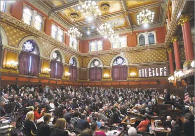  ?? Brian A. Pounds / Hearst Connecticu­t Media ?? Gov. Ned Lamont delivers his budget address to the Ggeneral Assembly at the Capitol in Hartford on Feb. 20.