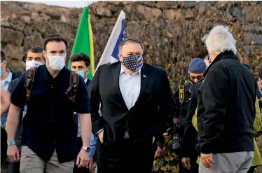  ?? AP ?? BREAKING NEW GROUND: US Secretary of State Mike Pompeo departs after a security briefing on Mount Bental in the Israelicon­trolled Golan Heights, near the Israeli-Syrian border, on Thursday. —