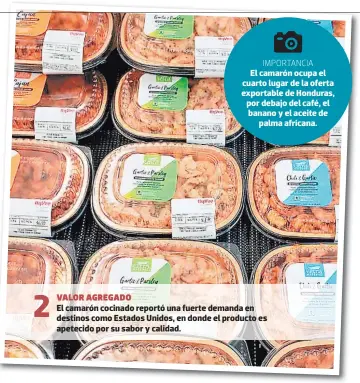  ??  ?? IMPORTANCI­A
El camarón ocupa el cuarto lugar de la oferta exportable de Honduras, por debajo del café, el banano y el aceite de palma africana.
VALOR AGREGADO
El camarón cocinado reportó una fuerte demanda en destinos como Estados Unidos, en donde el producto es apetecido por su sabor y calidad.