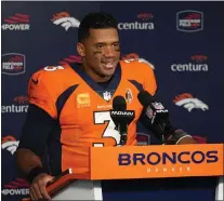  ?? AP PHOTO/JACK DEMPSEY ?? Denver Broncos quarterbac­k Russell Wilson talks during a news conference following a win over the Kansas City Chiefs in an NFL football game Sunday, Oct. 29, 2023, in Denver.