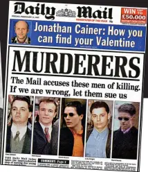  ??  ?? Tragic comparison: Kelso Cochrane (left) and the Mail’s Stephen Lawrence front page