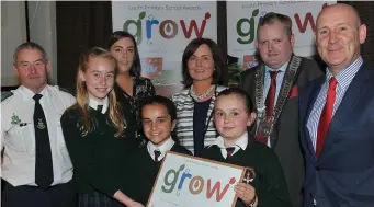  ??  ?? Principal Deirdre Sweeney with pupils Maya Chanda, Charlese Rodgers and Ava Grace McCormack, Scoil Mhuire na Trocaire, Ardee receive their 5 Stars