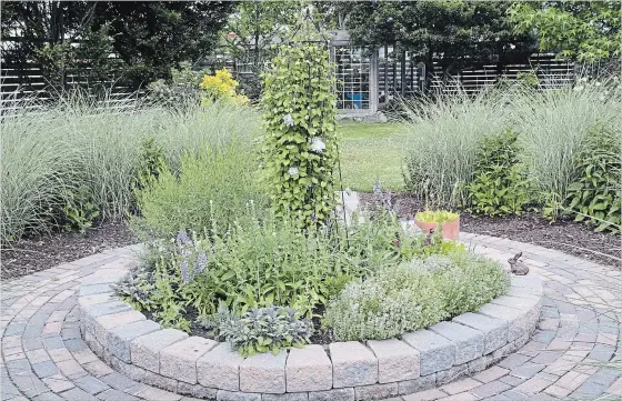  ?? THERESA FORTE
SPECIAL TO THE ST. CATHARINES STANDARD ?? The inner bed of the circle garden has edibles and ornamental­s: sages, tarragon, red and green leaf lettuce, curly parsley, garlic chives, spicy globe basil. Clematis climbs in the centre.