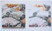  ??  ?? Links das Mosaik, rechts die Vorlage: Zuerst sucht die Künstlerin farblich passende Steine.
