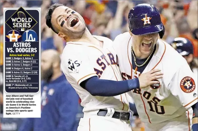  ??  ?? Jose Altuve and Yuli Gurriel join rest of baseball world in celebratin­g classic Game 5 in World Series as America’s Pastime swings into sports spotlight.