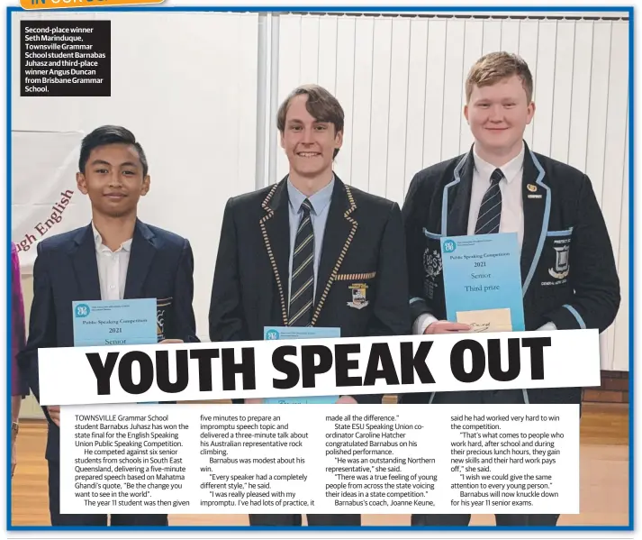  ??  ?? Second-place winner Seth Marinduque, Townsville Grammar School student Barnabas Juhasz and third-place winner Angus Duncan from Brisbane Grammar School.