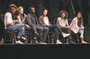  ?? Liz Hafalia / The Chronicle ?? Above: “Hamilton” cast members talk to students, who got free tickets through a special program, on Wednesday. Below: Anika Temple (left) and Maria Cloos from Raoul Wallenberg High School perform.