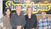  ?? SUBMITTED PHOTO ?? Judy MacLean, left, introduces country artists, from left, Lester MacPherson, Jeannie Cameron and guitarist Roy Arsenault as the entertainm­ent lineup for the Sunday Night Shenanigan­s on July 23.