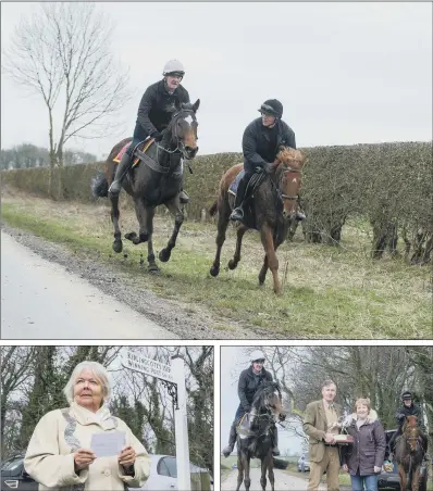  ?? PICTURES: TONY JOHNSON ?? TWO-HORSE RACE: Stephen Crawford and John Thirsk on their mounts Ferkin and Harry, top; clerk of the course Sue Hillaby reads the rules of the derby, left; the jockeys with trustees Philip Guest and Clare Waring. The Kiplingcot­es Derby was first staged in 1519.