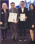  ??  ?? AWARD. From left, Retail Design Expo event director Annie Swift, SM Supermalls’ assistant vice president Perkin So and marketing head for North Luzon Jeff Suarez, and Retail Design Expo marketing manager Valeria Perciany David in London.
