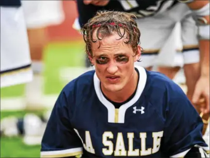  ?? MARK PALCZEWSKI/FOR DIGITAL FIRST MEDIA ?? Brendan Meagher 0f La Salle takes a break at the half against Manheim Township in the PIAA Class 3A boys’ lacrosse championsh­ip at West Chester East High School in West Chester, PA on Saturday, June 9, 2018.