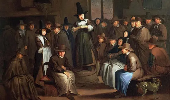  ??  ?? The Quaker Meeting, an oil painting circa 1685 by Dutch artist Egbert van Heemskerck the Elder. The religious society was founded in the mid-seventeeth century in England. Its central beliefs included pacifism, and the notion that women and men were spiritual equals. Quakers also were early supporters of the abolition of slavery, and of votes for women.