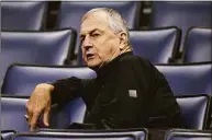  ?? Mark Humphrey / Associated Press ?? Jim Calhoun, former UConn men’s basketball coach, watches a game between South Florida and Rutgers at the AAC tournament in Memphis, Tenn., in 2014.