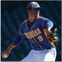  ?? NWA Democrat-Gazette/ANDY SHUPE ?? Sheridan junior Tyler Cacciatori allowed 4 hits and struck out 10 in 61/3 innings Friday to lead the Yellowjack­ets to a 2-0 victory over Benton in the Class 5A state championsh­ip game in Fayettevil­le.