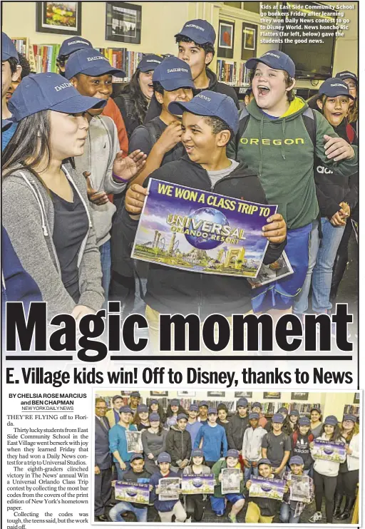  ??  ?? Kids at East Side Community School go bonkers Friday after learning they won Daily News contest to go to Disney World. News honcho Ric Flattes (far left, below) gave the students the good news.