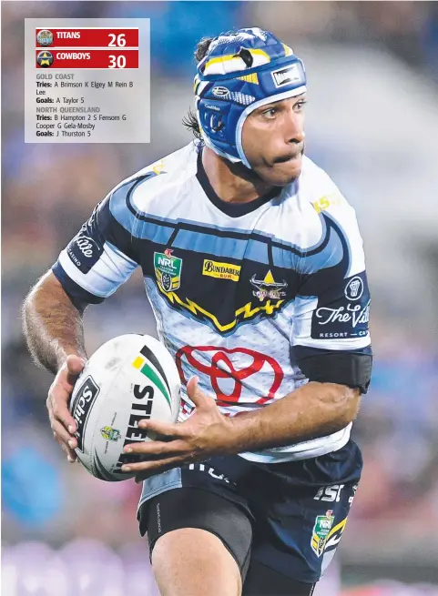 ?? Picture: BRADLEY KANARIS/GETTY IMAGES ?? Johnathan Thurston of the North Queensland Cowboys orchestrat­ed a comeback to beat the Gold Coast Titans 30-26 in his NRL farewell match at a sold-out Cbus Super Stadium at Robina last night